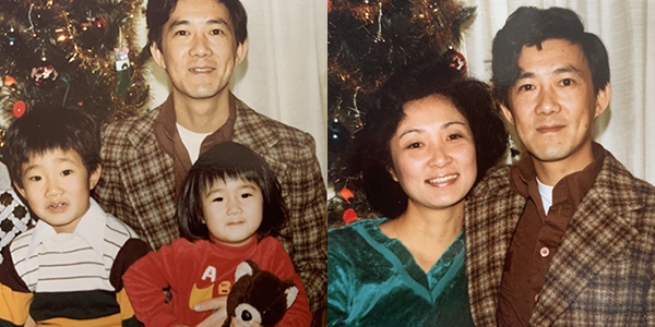 Ming Wang with his children Ping Wang and Anne Peterson in the photo on the left. Wang with his wife Lu Wang in the photo on the right.