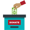 An illustrated hand putting money in a blue box labeled "donate."