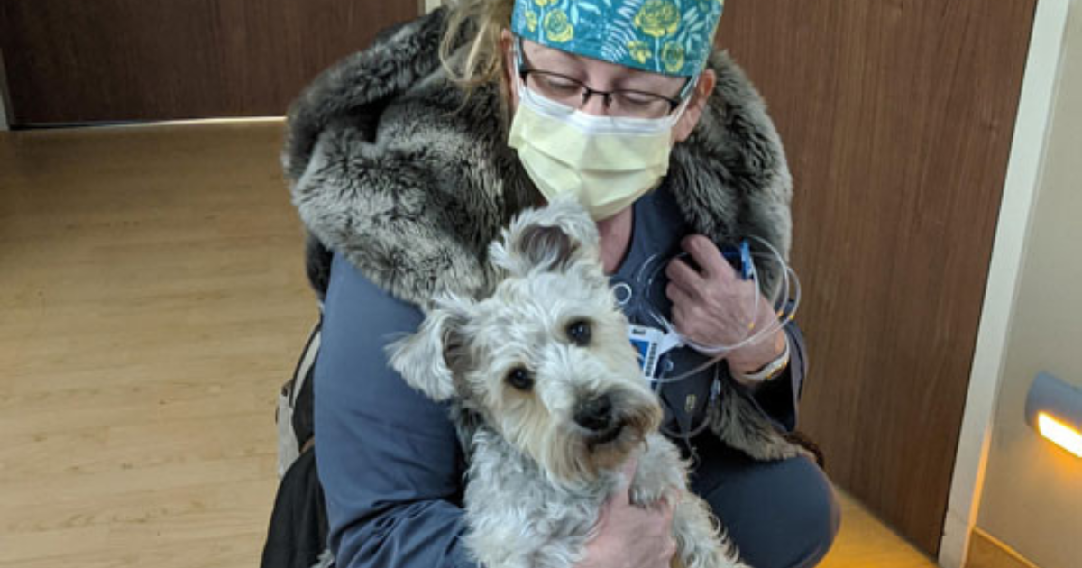 Nurse Sandy Scholl with Harley, a miniature German schnauzer. 