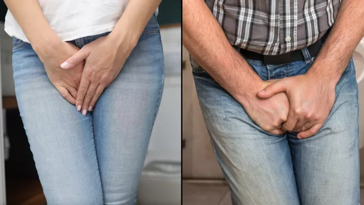 Close up of a man and woman holding their bladders