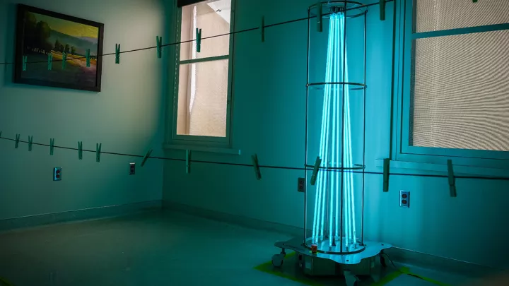 One of the ultraviolet light towers we're using to decontaminated N95 masks. 