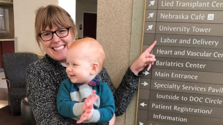 Cherney and her son, Hugo, make a visit to Nebraska Medical Center on his first birthday.